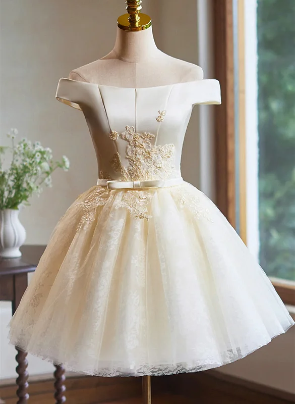 Ivory Knee Length Tulle Off Shoulder Party Dress, Ivory Homecoming Dress Off-the-shoulder Chic Trendy Ivory Knee Length Tulle Off Shoulder Party Dress, Ivory Homecoming Dress Off-the-shoulder Chic Trendy