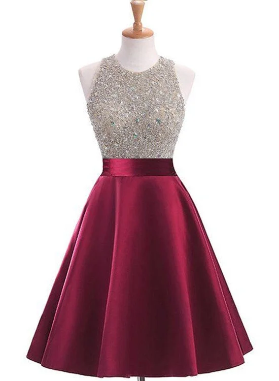 Fashion Knee-Length Open Back Satin Homecoming Dress with Beading, Short Party Dress Tunics Essential wardrobe Fashion Knee-Length Open Back Satin Homecoming Dress with Beading, Short Party Dress Tunics Essential wardrobe