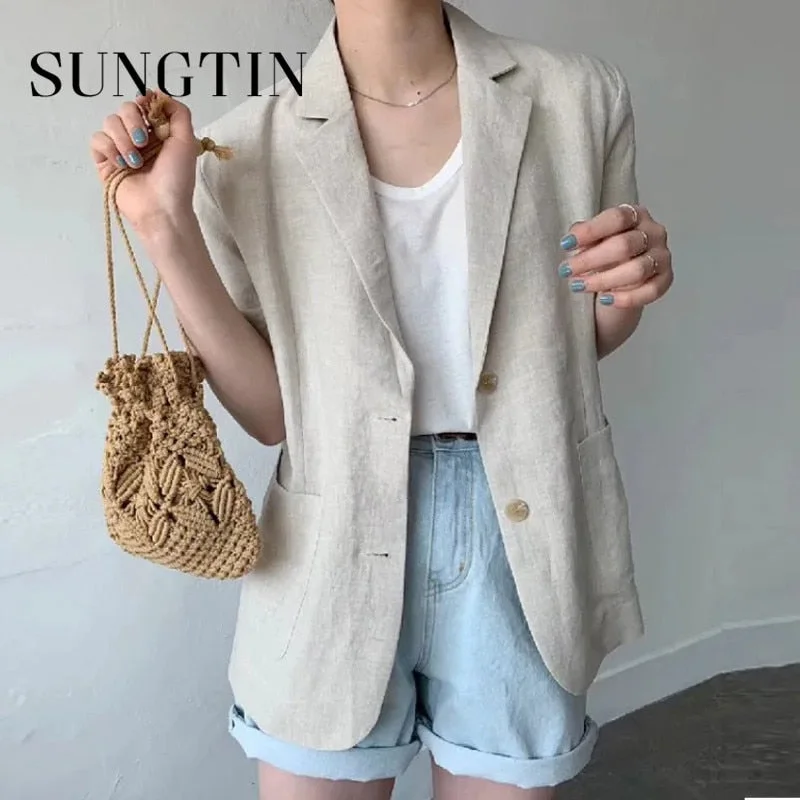 Sungtin Korean Cotton Linen Casual Blazer Women Jackets Loose Short Suit Blazer Coat Summer Solid Vintage Elegant Outwear 2022 Denim Jacket Leather Jacket Suede Jacket Sungtin Korean Cotton Linen Casual Blazer Women Jackets Loose Short Suit Blazer Coat Summer Solid Vintage Elegant Outwear 2022 Denim Jacket Leather Jacket Suede Jacket