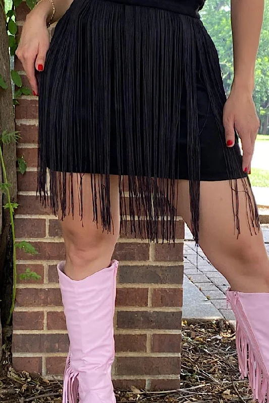 BQ13304 Black skirt w/fringe tassels patchwork skirt art
