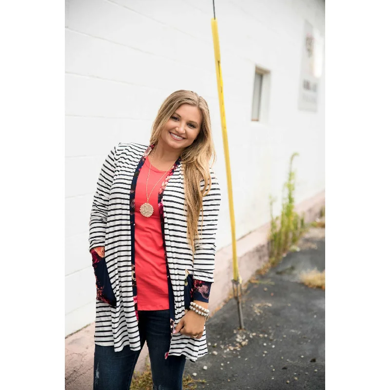 Floral Cuffed Tunic Cardigan Print Jacquard Patchwork