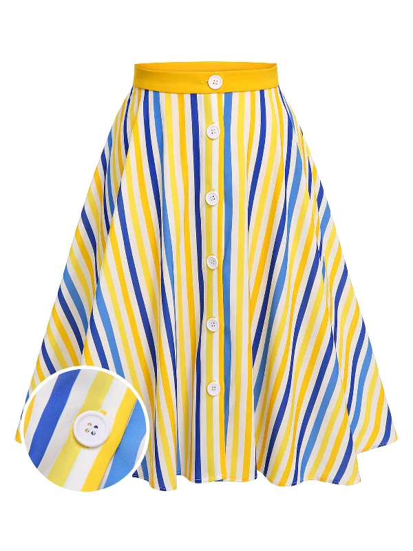 1950s Yellow White Blue Striped Button Skirt lightweight skirt design