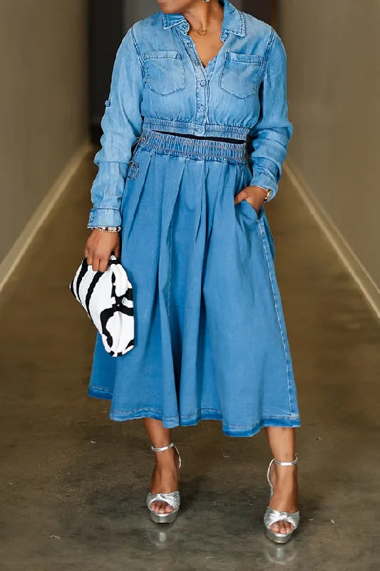 Casual Single Breasted Denim Jacket & Skirt Set Satin Fabric Silk Fabric Chiffon Fabric Casual Single Breasted Denim Jacket & Skirt Set Satin Fabric Silk Fabric Chiffon Fabric