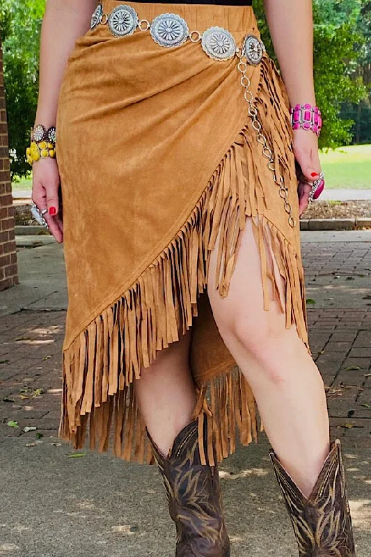 XCH13467S Tan suede fringe tassel skirt asymmetrical skirt cut
