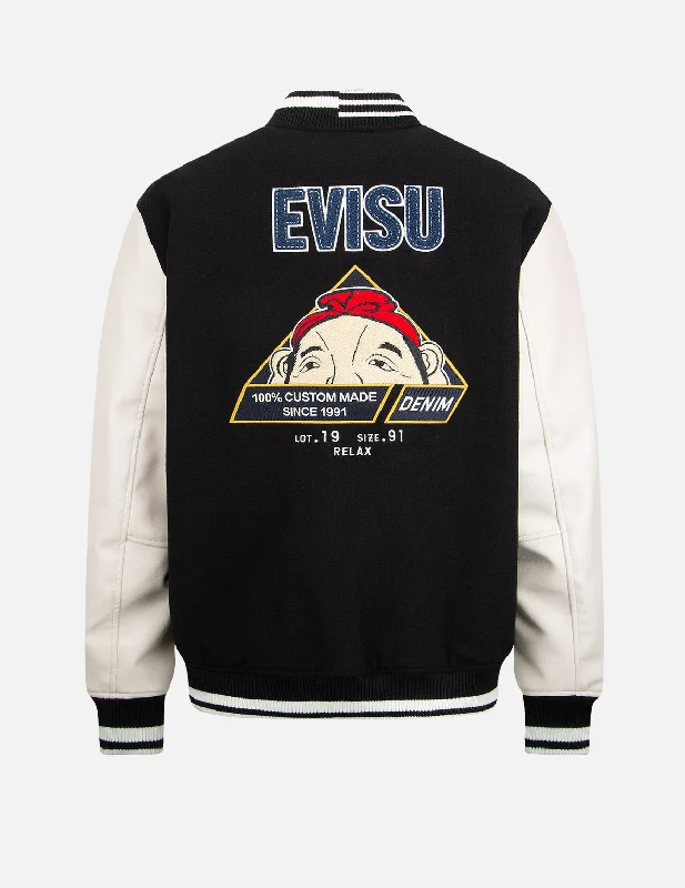 “Hide-and-Seek” Godhead Appliqué Baseball Jacket Zippered Front Buttoned Front Snap Front “Hide-and-Seek” Godhead Appliqué Baseball Jacket Zippered Front Buttoned Front Snap Front