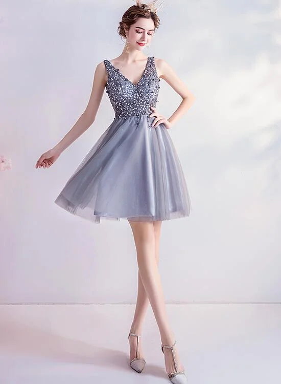 Sliver-Grey Beaded Short Tulle New Homecoming Dress Party Dress, Grey V-neckline Short Formal Dress Tunics Gym athletic Sliver-Grey Beaded Short Tulle New Homecoming Dress Party Dress, Grey V-neckline Short Formal Dress Tunics Gym athletic