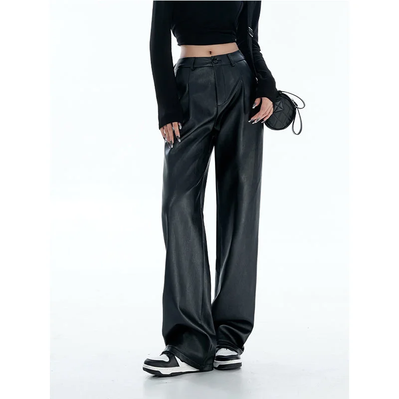 Straight Casual Pants PU Leather Loose Pants Comfortable Wide-Leg Pants