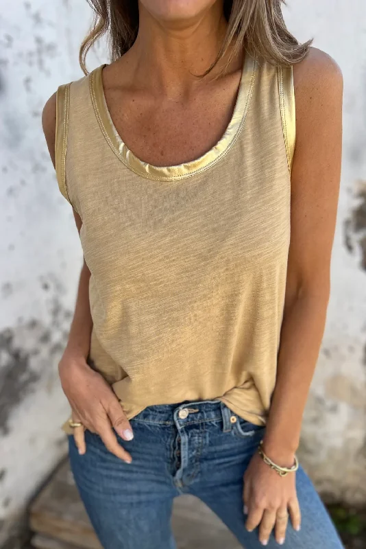 Metallic Trim Tank - Gold boho tank top