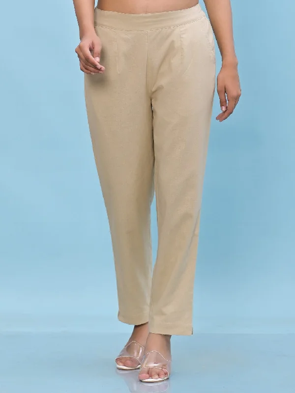Women Beige Solid Cotton Pants With Partially Elasticated Waistband And Two Side Pockets Trendy Wide-Legged Trousers Women Beige Solid Cotton Pants With Partially Elasticated Waistband And Two Side Pockets Trendy Wide-Legged Trousers