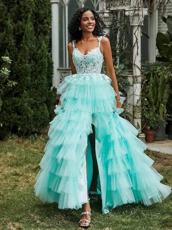 Sweetheart Ruffle Skirt Tiered Tulle Gown With Slit Turquoise chiffon skirt lightweight Sweetheart Ruffle Skirt Tiered Tulle Gown With Slit Turquoise chiffon skirt lightweight