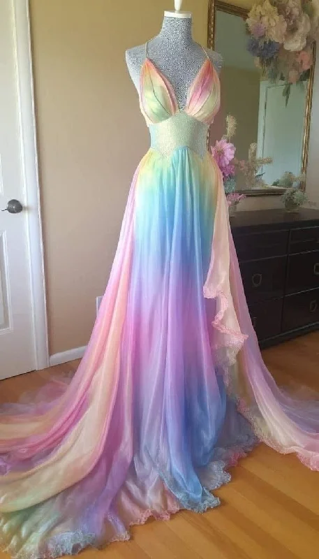 Gorgeous Ombre Straps V Neck A-Line Chiffon Long Evening Party Dress, DP4951 Cowl Neckline Elegant