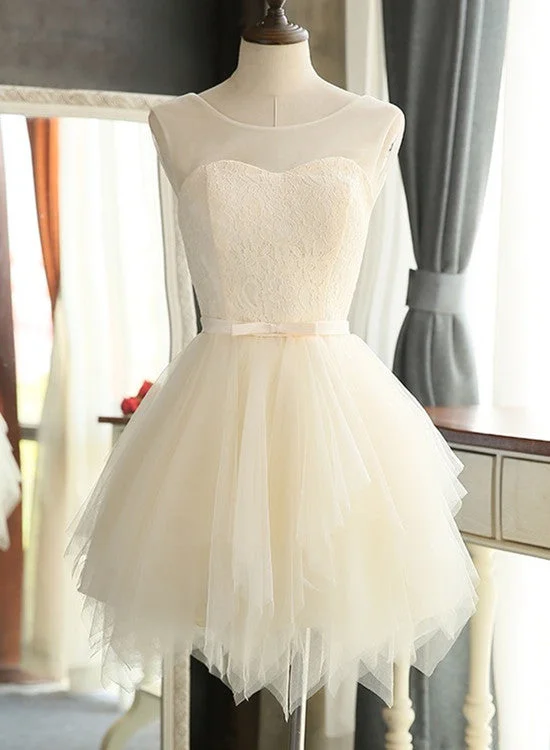 Lovely Light Champagne Short Tulle Party Dress, Cute Prom Dress, Homecoming Dress for Teens High-Low Hemline Casual Lovely Light Champagne Short Tulle Party Dress, Cute Prom Dress, Homecoming Dress for Teens High-Low Hemline Casual