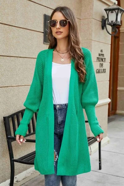 Blue Zone Planet |  Open Front Lantern Sleeve Cardigan Front Pockets Side Pockets Patch Pockets