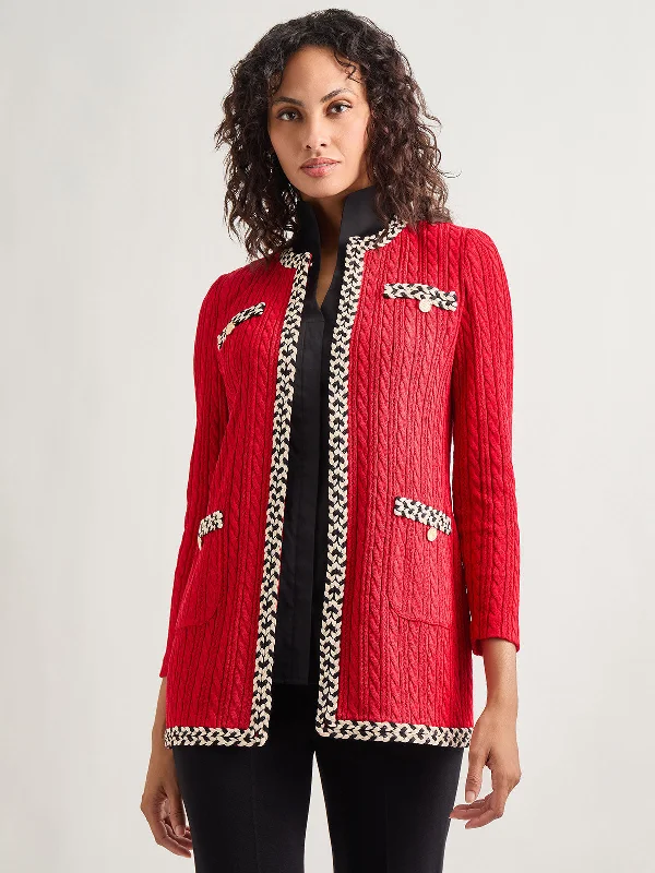 Jewel Neck Contrast Trim Cable Knit Jacket Denim Fabric Leather Fabric Suede Fabric