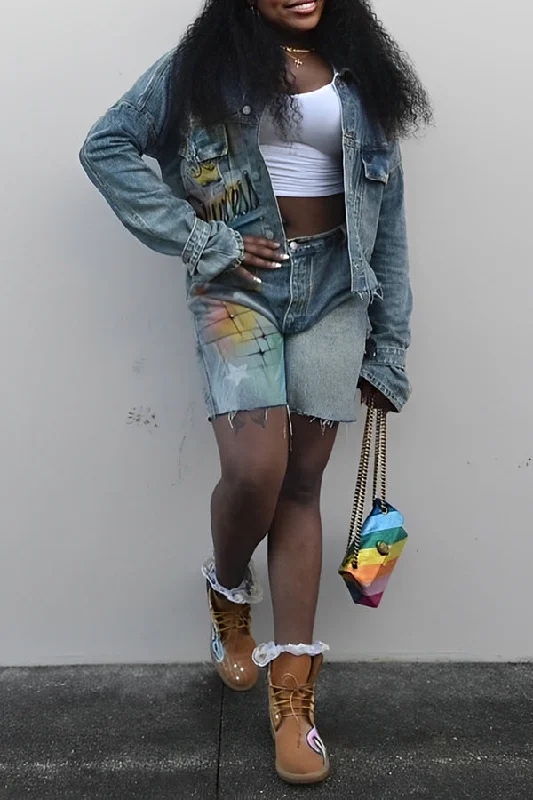 Stylish Figure Graphic Jacket & Shorts Set Front Pockets Side Pockets Patch Pockets
