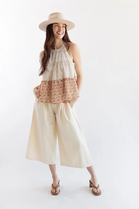 Khaki and Rust Printed Flowy Tank Top fashionable tank top