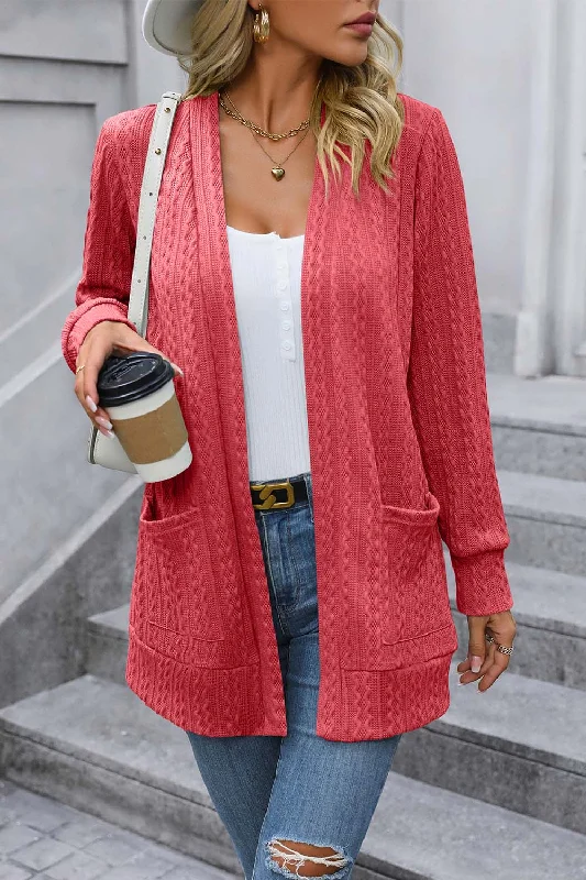 Cable-Knit Long Sleeve Cardigan with Pocket Striped Floral Plaid