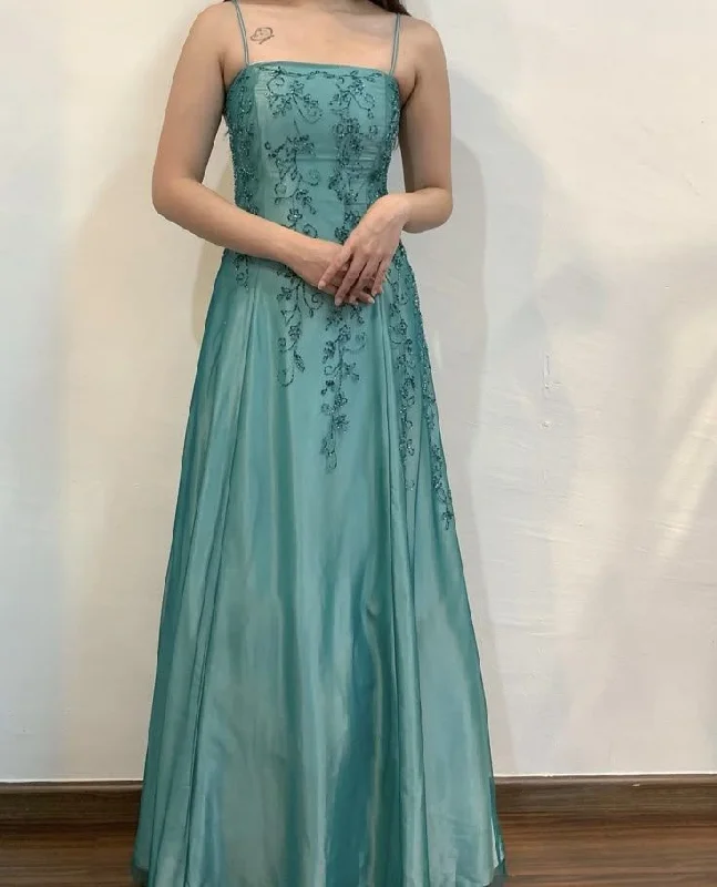 Green Straps A-Line Beading Satin Long Prom Dress Vintage Party Dress, DP4835 Crew Neckline Casual Green Straps A-Line Beading Satin Long Prom Dress Vintage Party Dress, DP4835 Crew Neckline Casual