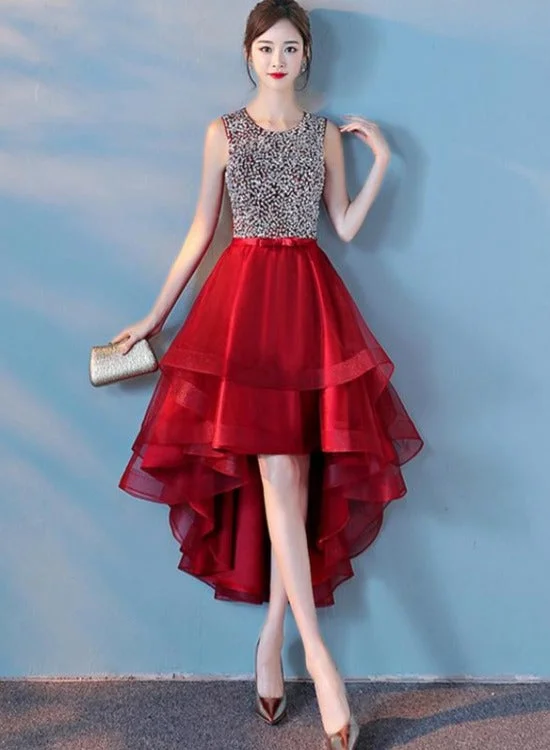 Wine Red Sequins Tulle High Low Round Neckline Party Dresses, Dark Red Homecoming Dresses Tunics Hiking breathable Wine Red Sequins Tulle High Low Round Neckline Party Dresses, Dark Red Homecoming Dresses Tunics Hiking breathable
