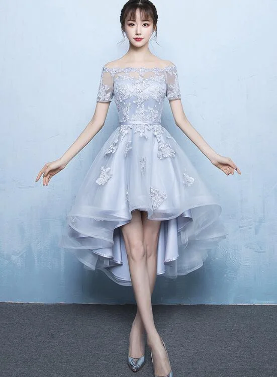 Grey High Low Stylish Applique Homecoming Dress, Cute Party Dresses, High Low Formal Dress Tunics Designer luxury Grey High Low Stylish Applique Homecoming Dress, Cute Party Dresses, High Low Formal Dress Tunics Designer luxury