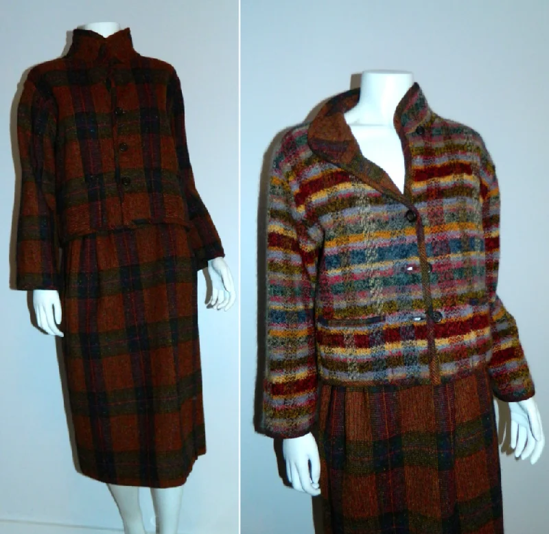 vintage 1980s MISSONI wool plaid suit / striped tweed jacket wrap skirt 42 / US S - M Herringbone Jacket Houndstooth Jacket Plaid Jacket