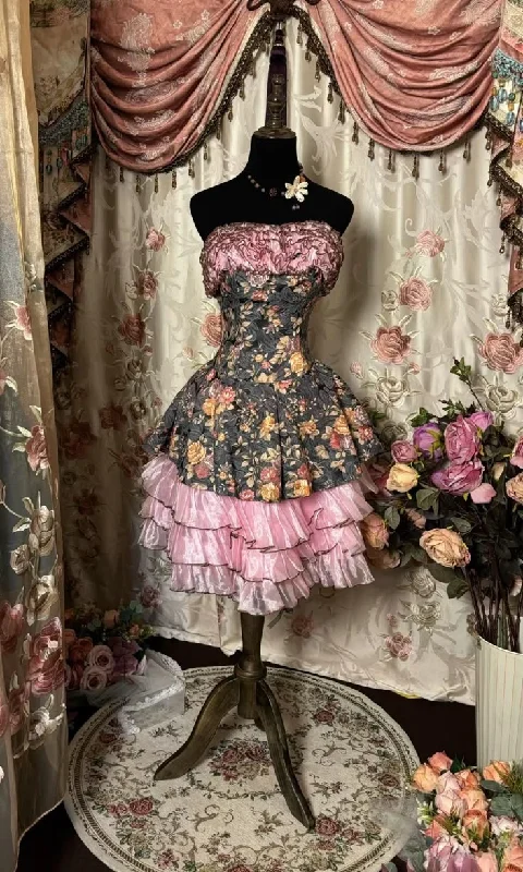 Vintage Strapless A-Line Printed Short Party Dress Retro Homecoming Dress, DP4928 Tunics Satin smooth Vintage Strapless A-Line Printed Short Party Dress Retro Homecoming Dress, DP4928 Tunics Satin smooth