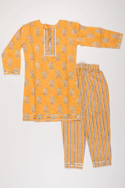 Floral Printed Mustard Yellow Kurti and Striped Pant Set with Dupatta for Girls Trendy Work Pants