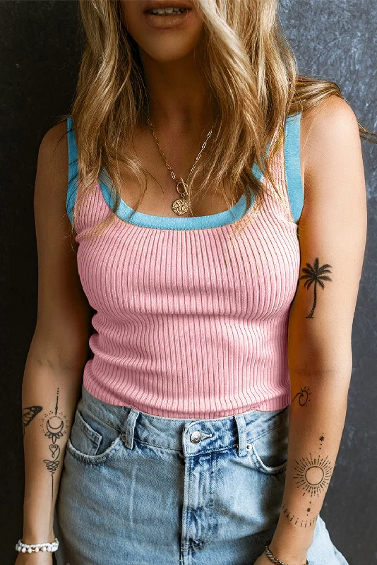 Ribbed Contrast Tank - Light Pink summer tank top