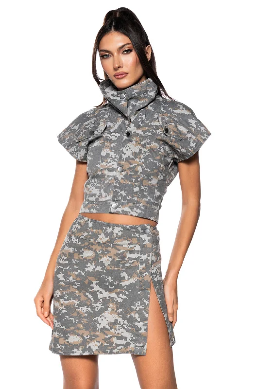 WE RIDE CAMO BUTTON DOWN AND MINI SKIRT SET IN GREY denim skirt fashionable