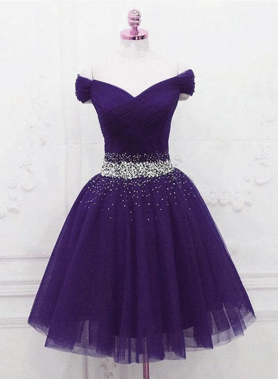 Purple Tulle Beaded Cute Off Shoulder Short Prom Dress, Purple Homecoming Dress Party Dress Tunics Party sparkling Purple Tulle Beaded Cute Off Shoulder Short Prom Dress, Purple Homecoming Dress Party Dress Tunics Party sparkling