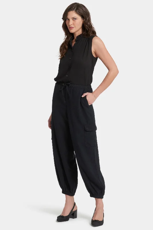 Relaxed Cargo Ankle Pull-On Pants - Overdye Black Elegant Wool Trousers