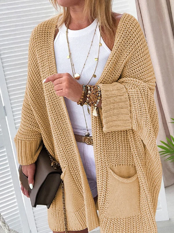 Apricot Cozy Batwing Sleeve Knit Cardigan Zippered Front Buttoned Front Snap Front