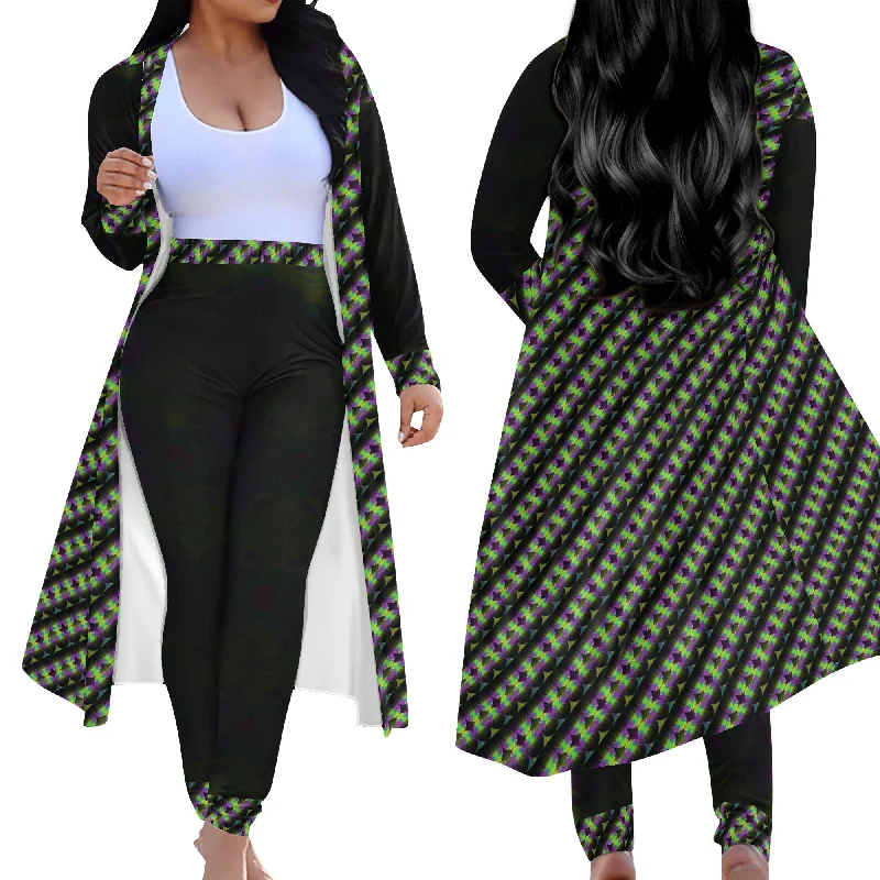 Snake Women's Long Sleeve Cardigan and Leggings 2pcs Solid Color Striped Floral Print