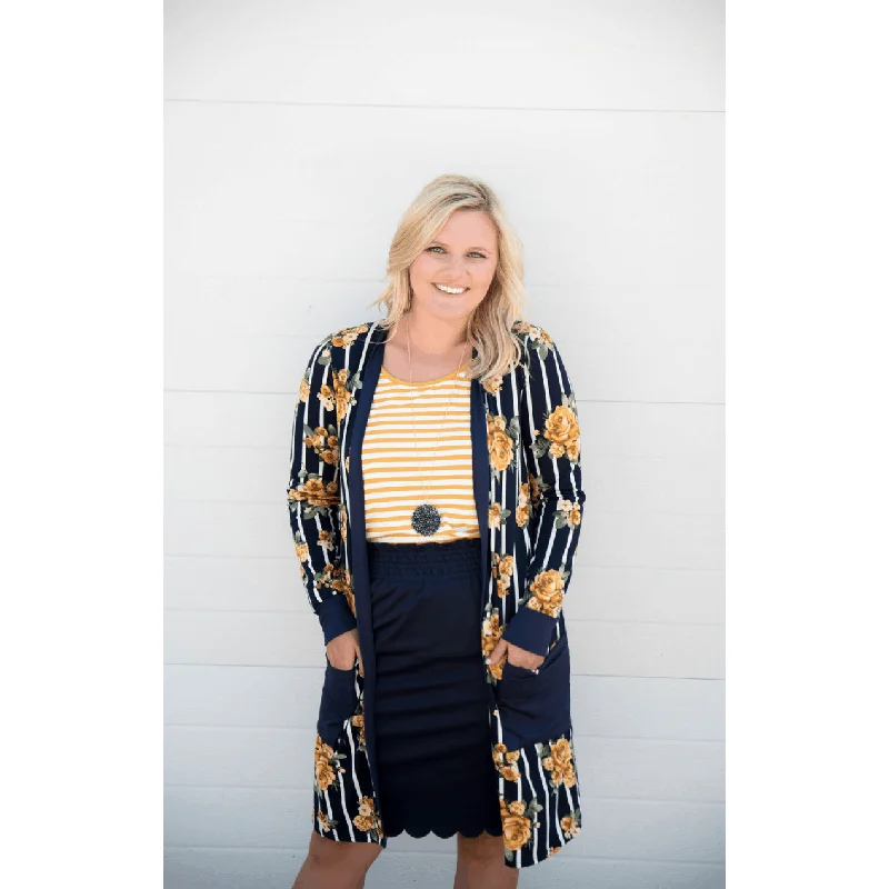 Mustard Floral Striped Tunic Cardigan Elasticated Padded Insulated
