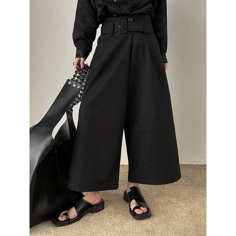 Dark Belt Cropped Wide Leg Pants Chic Black Leggings