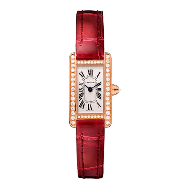 Cartier Tank Americaine 27mm Women's watch - Ref: WB710014 - Silver Roman Dial & Diamond Bezel in 18K Rose Gold Case, Red Leather Strap stretchy tank top Cartier Tank Americaine 27mm Women's watch - Ref: WB710014 - Silver Roman Dial & Diamond Bezel in 18K Rose Gold Case, Red Leather Strap stretchy tank top
