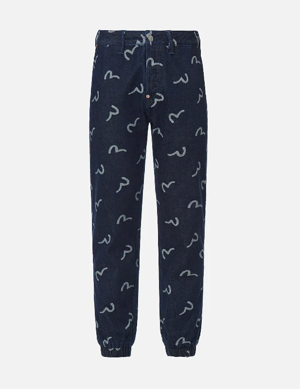 Allover Seagull Jacquard Denim Jogger Pants Trendy Printed Leggings
