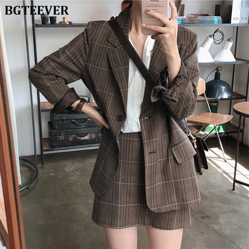 Vintage Two-piece Plaid Blazer Suits Women Single-breasted Jacket & Pencil Skirt Women Skirt Suit Casual Blazer Sets 2022 Autumn Denim Fabric Leather Fabric Suede Fabric