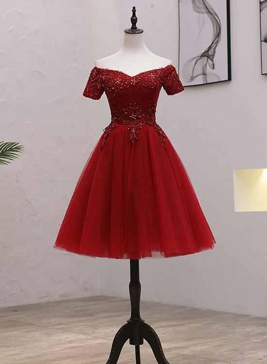 Tulle Dark Red Off the Shoulder Knee Length Homecoming Dress, Red Party Dress Tunics Timeless classic Tulle Dark Red Off the Shoulder Knee Length Homecoming Dress, Red Party Dress Tunics Timeless classic
