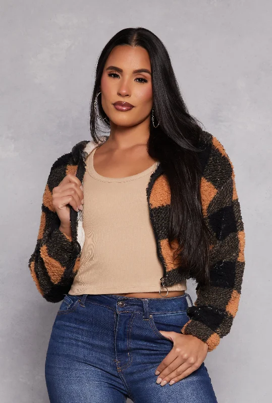 Buffalo Plaid Zip Front Hooded Cropped Jacket Rayon Fabric Velvet Fabric Corduroy Fabric