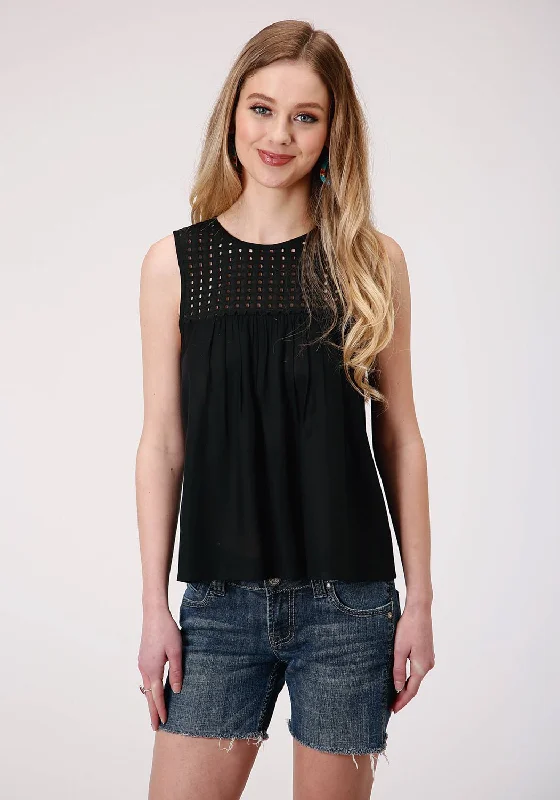 Roper Womens Black Rayon/Nylon Eyelet Bodice S/L Tank Top lounge tank top