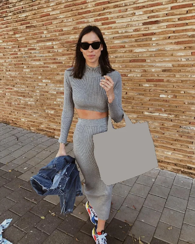 European and American Summer Casual Women's Grey High Collar Long Sleeve Jacket Knee Skirt Two-Piece Suit Chenille Jacket Brocade Jacket Lace Jacket