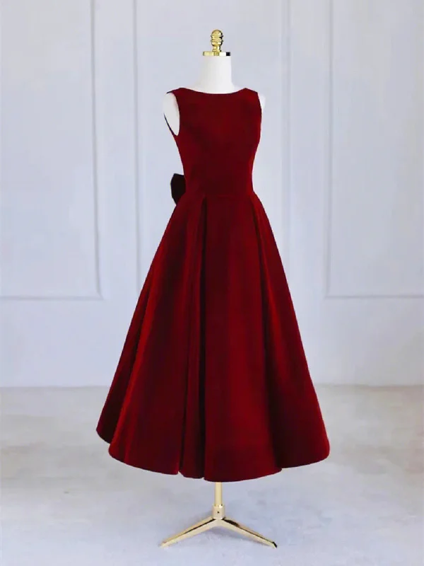 Wine Red Velvet Tea Length Wedding Party Dress, Wine Red Velvet Prom Dress Pencil Length Work Wine Red Velvet Tea Length Wedding Party Dress, Wine Red Velvet Prom Dress Pencil Length Work