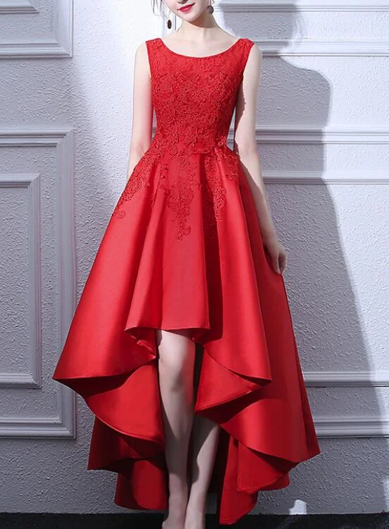 Beautiful Red Satin and Lace High Low Round Neckline Party Dress, Red Party Dress, Red Homecoming Dresses Sequined Elegant Party
