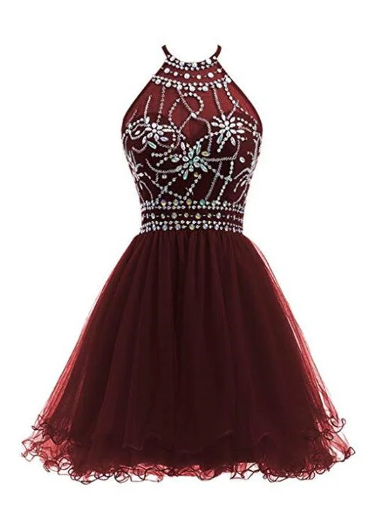 Wine Red Tulle Halter Beaded Gorgeous Lace-up Back Short Homecoming Dresses, Cute Party Dresses Tunics Polka dots Wine Red Tulle Halter Beaded Gorgeous Lace-up Back Short Homecoming Dresses, Cute Party Dresses Tunics Polka dots