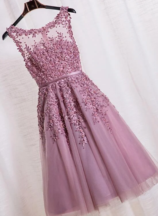 Pink Tea Length School Homecoming Dresses, Applique Pearls Short Prom Dresses, Pink Party Dresses Off-the-shoulder Bohemian Festive Pink Tea Length School Homecoming Dresses, Applique Pearls Short Prom Dresses, Pink Party Dresses Off-the-shoulder Bohemian Festive