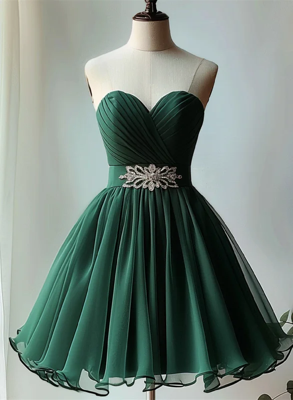 Dark Green Beaded Chiffon Knee Length Party Dress, Green Homecoming Dress Tunics Top Casual Dark Green Beaded Chiffon Knee Length Party Dress, Green Homecoming Dress Tunics Top Casual