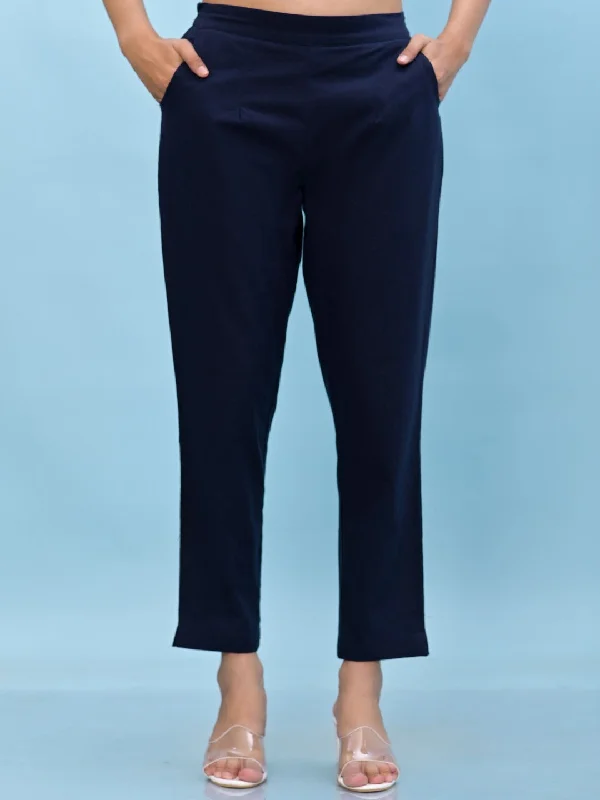 Women Navy Blue Solid Cotton Pants With Partially Elasticated Waistband And Two Side Pockets Stylish Elastic Waist Pants Women Navy Blue Solid Cotton Pants With Partially Elasticated Waistband And Two Side Pockets Stylish Elastic Waist Pants