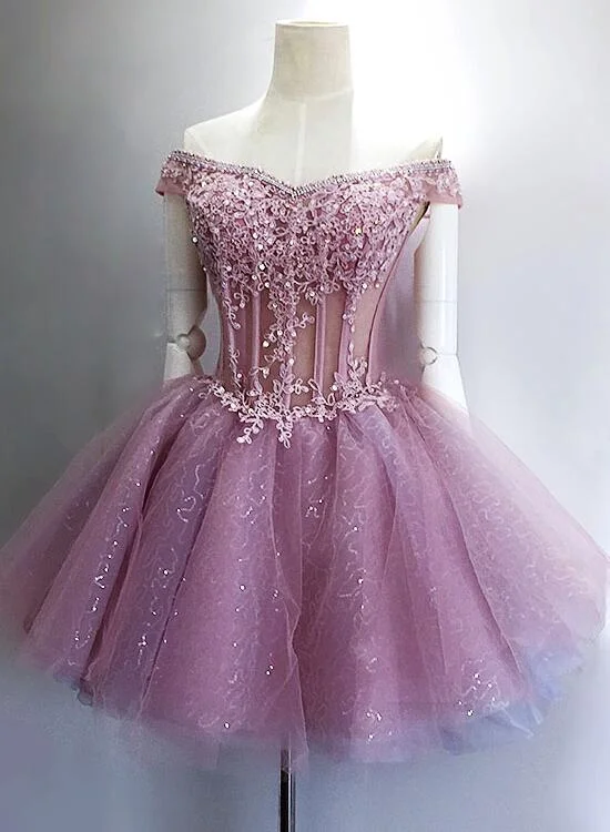 Lovely Sequins and Lace Off Shoulder Short Party Dress, Pink Homecoming Dreses Tunics Practical durable Lovely Sequins and Lace Off Shoulder Short Party Dress, Pink Homecoming Dreses Tunics Practical durable