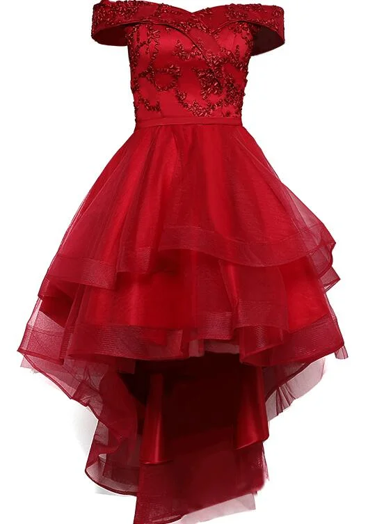 Beautiful Off Shoulder High Low Party Dress , Dark Red Homecoming Dress Tunics Versatile stylish Beautiful Off Shoulder High Low Party Dress , Dark Red Homecoming Dress Tunics Versatile stylish